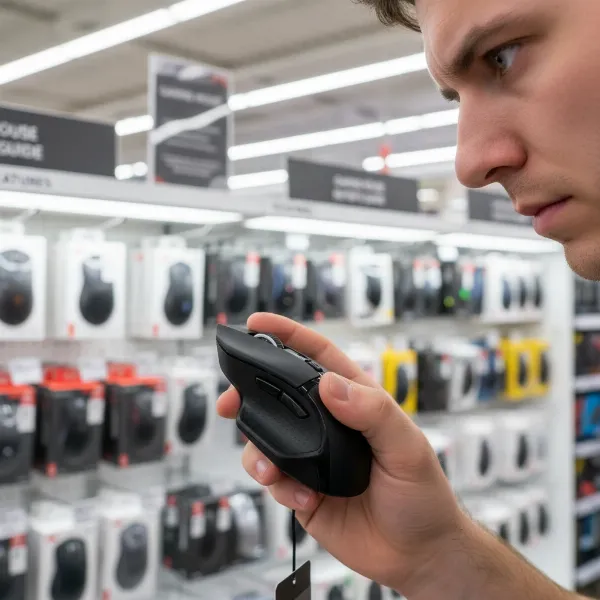 A person examining different computer mice in a store setting, emphasizing the buying guide process.