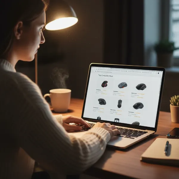A person browsing online reviews and specifications for computer mice on a laptop, considering purchasing options