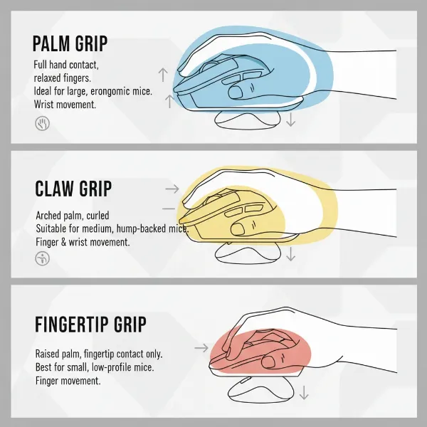 Illustrating different hand grip styles for computer mice: palm, claw, and fingertip, with appropriate mouse shapes