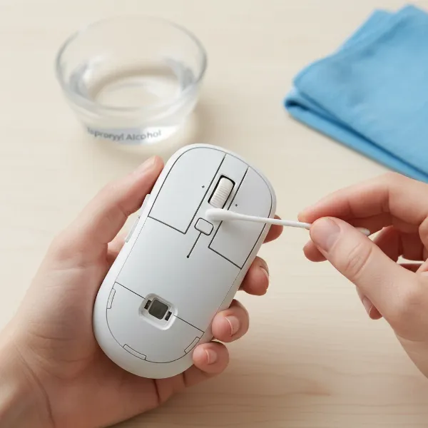 A person carefully cleaning a computer mouse with a cotton swab and cleaning solution.