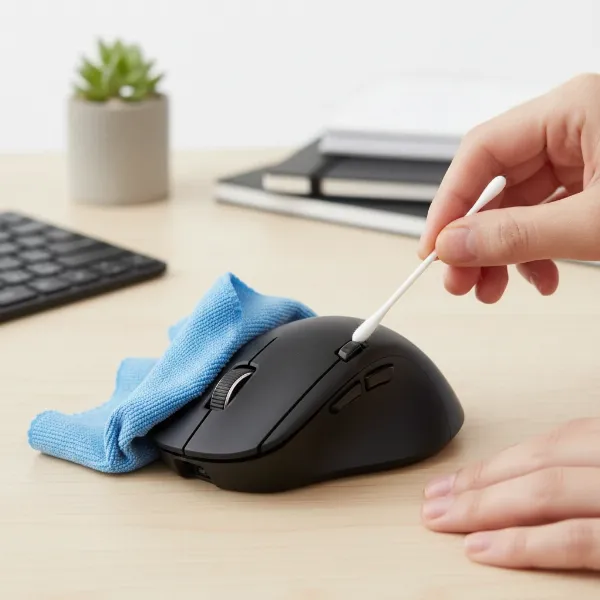 A person gently cleaning a computer mouse with a microfiber cloth and cotton swabs.