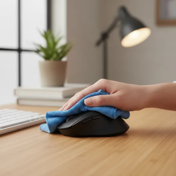 A person gently cleaning a computer mouse with a microfiber cloth on an ergonomic desk setup, with a focus on hygiene and proper workstation arrangement. Close-up, well-lit, clean background, realistic style.