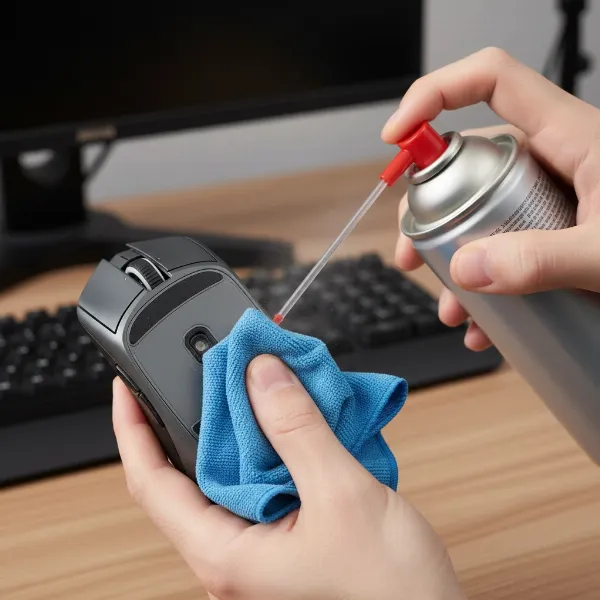 A person cleaning a computer mouse with a microfiber cloth and compressed air, demonstrating proper maintenance