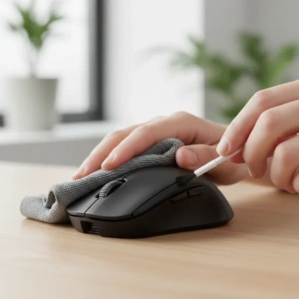 A person meticulously cleaning a computer mouse with a microfibre cloth and a small brush, focusing on the scroll wheel and sensor.