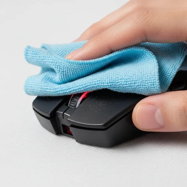 Hand cleaning a computer mouse sensor with a soft cloth for maintenance.