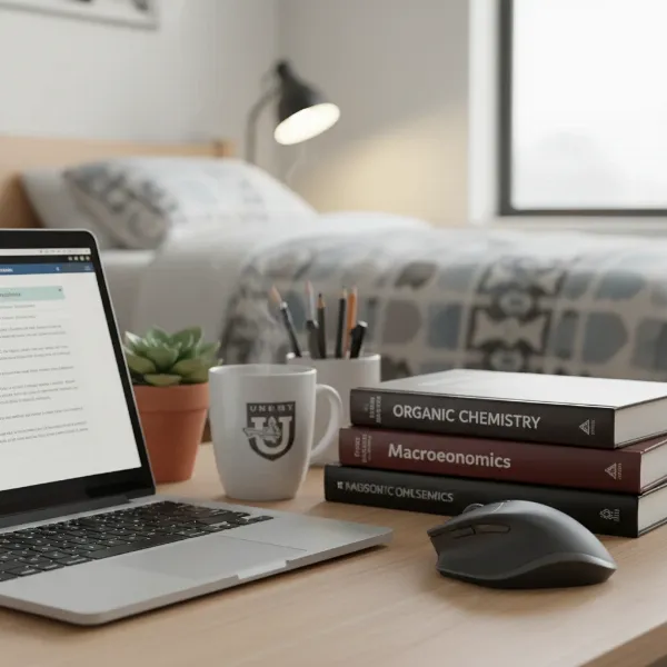 A college student's desk in a dorm room with an ergonomic wireless computer mouse next to a laptop