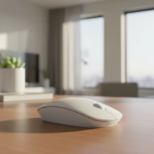 Compact wireless mouse on a small, organized desk in a modern apartment setting.