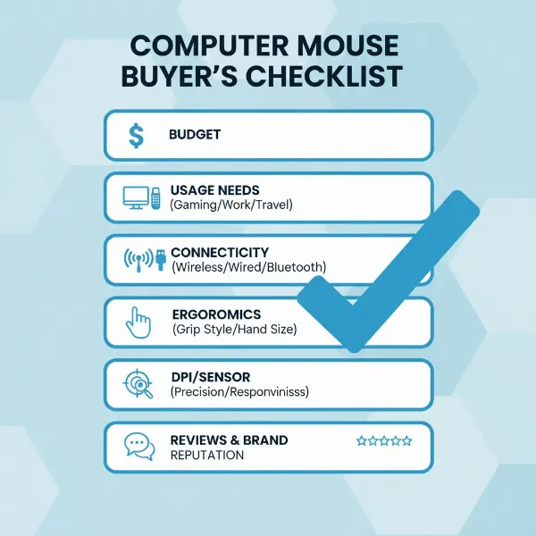 A clear visual checklist of factors to consider when buying a computer mouse, emphasizing key decision points.