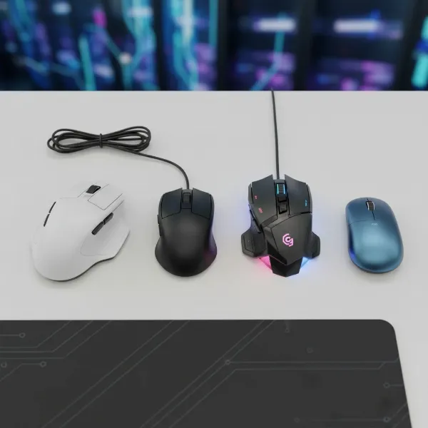 Overview of different computer mouse types including wired, wireless, ergonomic, and gaming models on a desk.