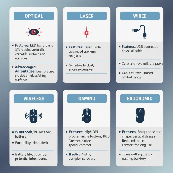 An infographic comparing different computer mouse types based on features, pros, and cons.