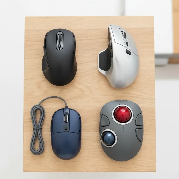 A diverse collection of computer mice (traditional, vertical, trackball, wireless, wired) arranged on a modern desk, showcasing different designs and functionalities. Overhead shot, bright, clean aesthetic, product photography style.