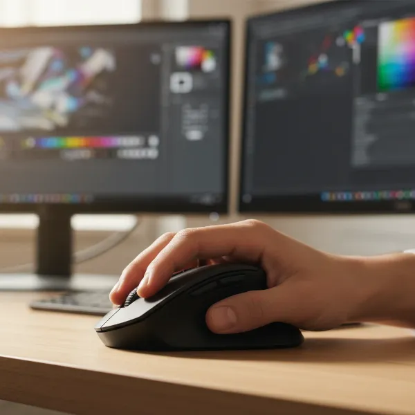 An ergonomic computer mouse in a designer's hand, showcasing comfort and precision