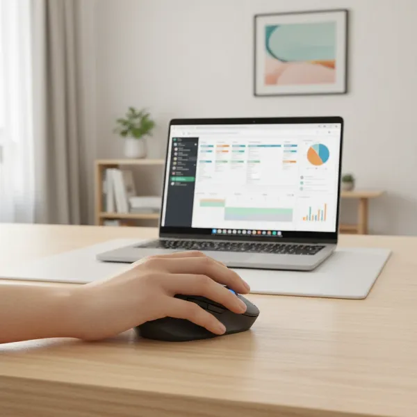 A compact, ergonomic mouse used in a modern, productive workspace within a small apartment.