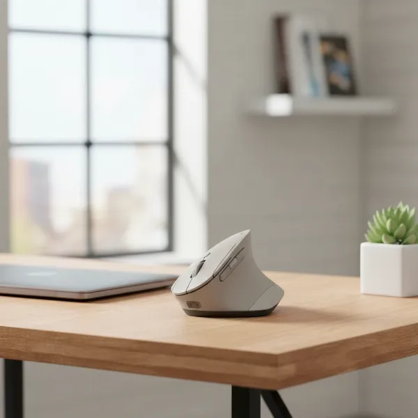 Ergonomic vertical mouse on a tidy, small desk next to a laptop in an urban apartment.