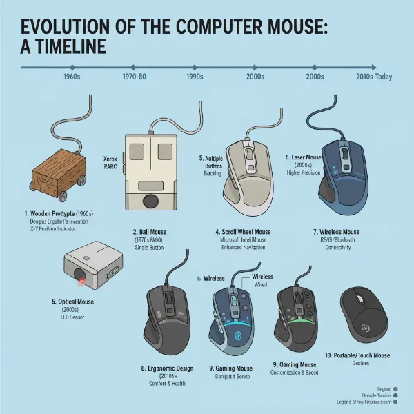 The evolution of computer mice, showing various types from past to present, highlighting their diversity and technological advancements.