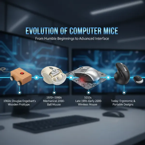 A historical timeline showing the evolution of computer mice from early prototypes to modern wireless designs.