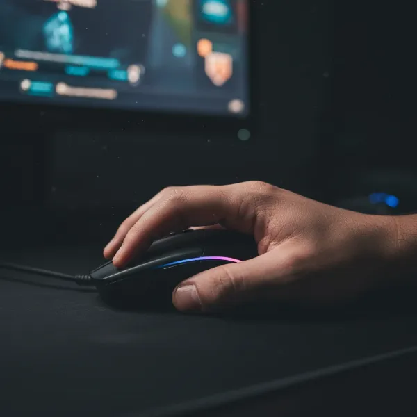 A gamer's hand gripping a high-performance computer mouse, mid-action, with a blurred gaming setup in the background, cinematic lighting, realistic style