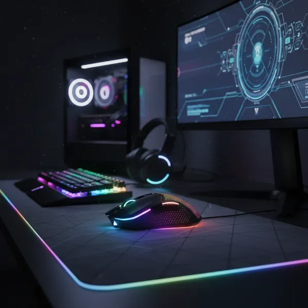 A high-performance gaming computer mouse on a mousepad with RGB lighting in a gaming setup.