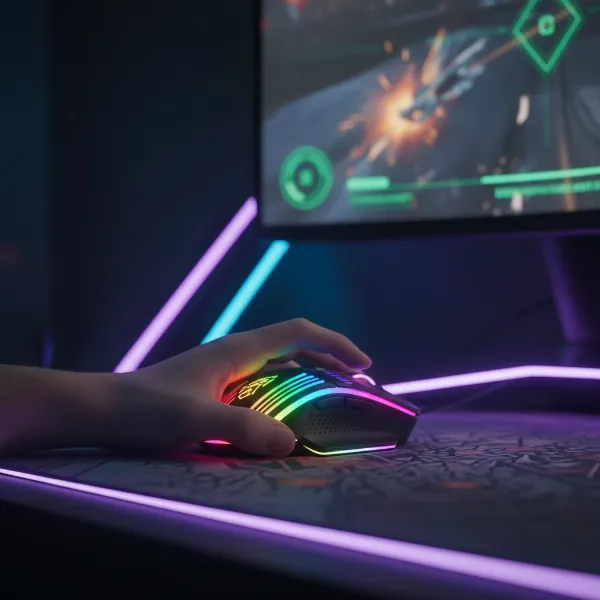 A high-performance gaming mouse positioned next to a keyboard on a gamer's desk with RGB lighting.