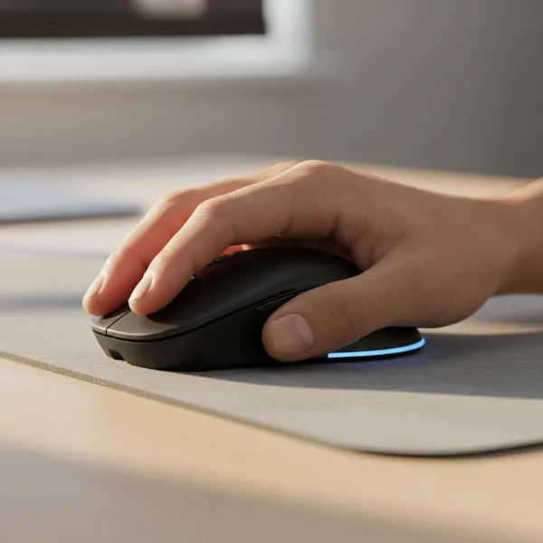 A person's hand demonstrating a comfortable grip on an ergonomic computer mouse.
