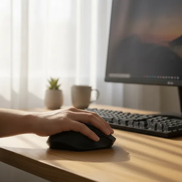 A person's hand resting comfortably on a computer mouse on a home office desk, with a keyboard and monitor in the background. Close-up, soft natural light, realistic style.