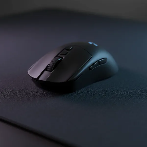 Close-up of the Logitech G Pro X Superlight 2 gaming mouse on a dark, textured mousepad, highlighting its minimalist design and lightweight construction for esports.