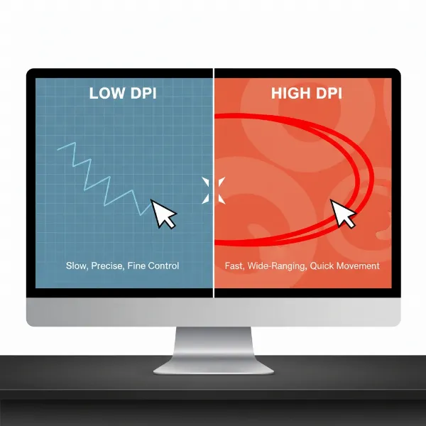 Visualizing the impact of mouse DPI sensitivity on cursor movement across a screen