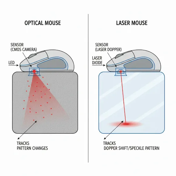 An illustration comparing optical and laser mouse sensors, showing how they detect movement on different surfaces.