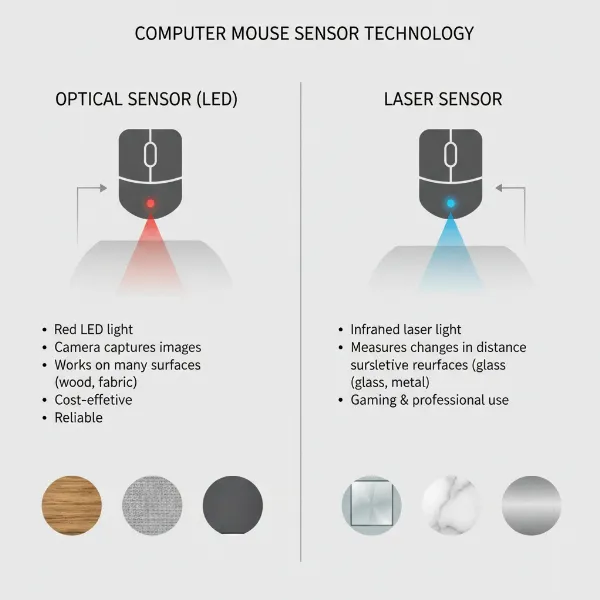 An infographic illustrating the differences between optical and laser computer mouse sensor technologies