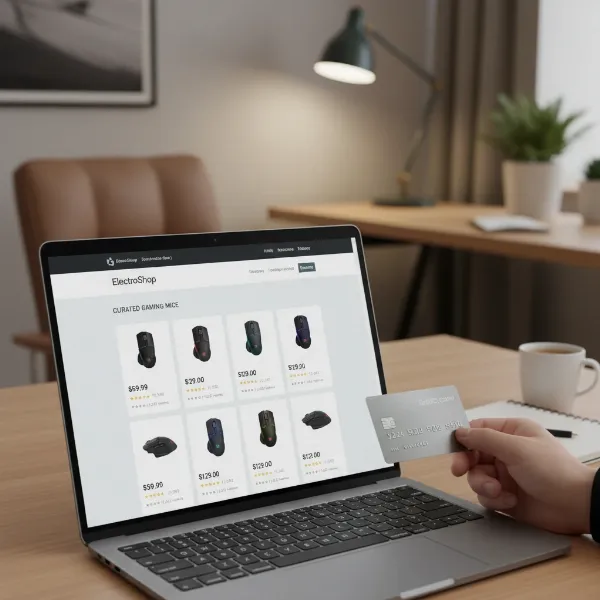 A digital display showing various computer mice on an e-commerce website, illustrating online shopping options.