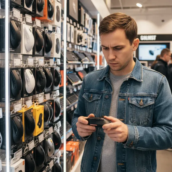 A person thoughtfully examining different computer mice on a retail display, considering shape, size, and features before making a purchase decision.