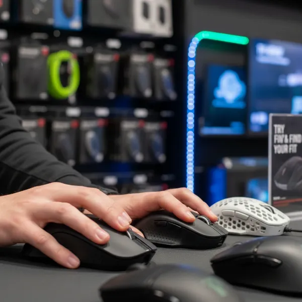 A person carefully selecting a computer mouse, considering hand size and grip style for ergonomic comfort.