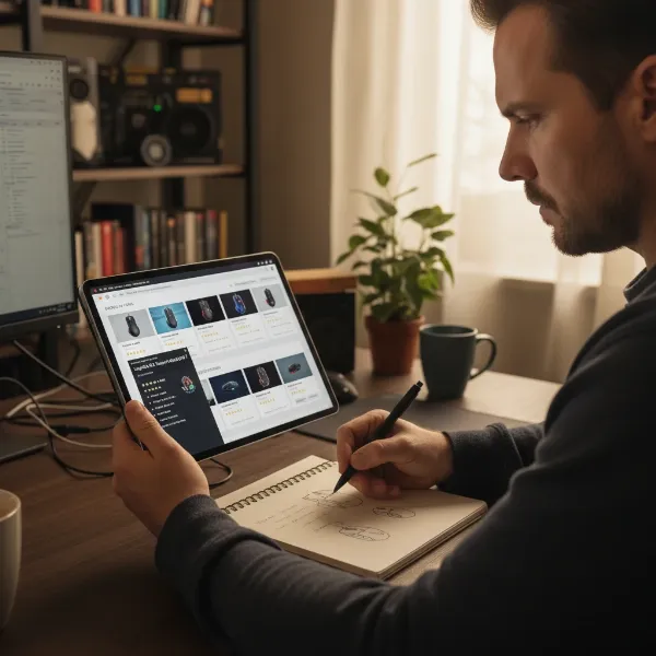 A person researching computer mouse reviews and specifications on a tablet, making an informed purchasing decision.