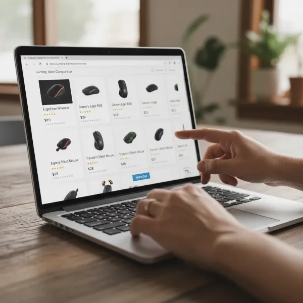 A person browsing computer mice options on an e-commerce website on a laptop.