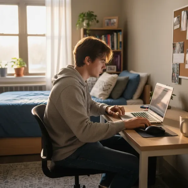College student in dorm room using a wireless computer mouse on a laptop