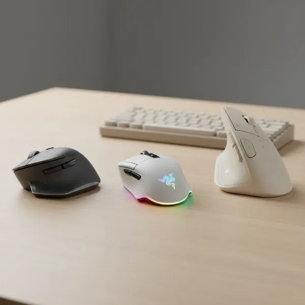 A selection of top-rated computer mice arranged on a modern desk setup