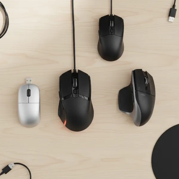 Various types of computer mice including wired, wireless, ergonomic, and gaming models on a desk.
