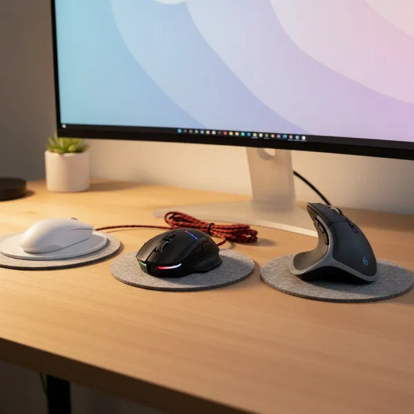 Various types of computer mice, highlighting wired, wireless, ergonomic, and gaming models on a modern desk setup