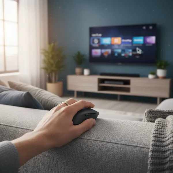 Wireless mouse on a couch with an entertainment center in the background, showing comfortable use